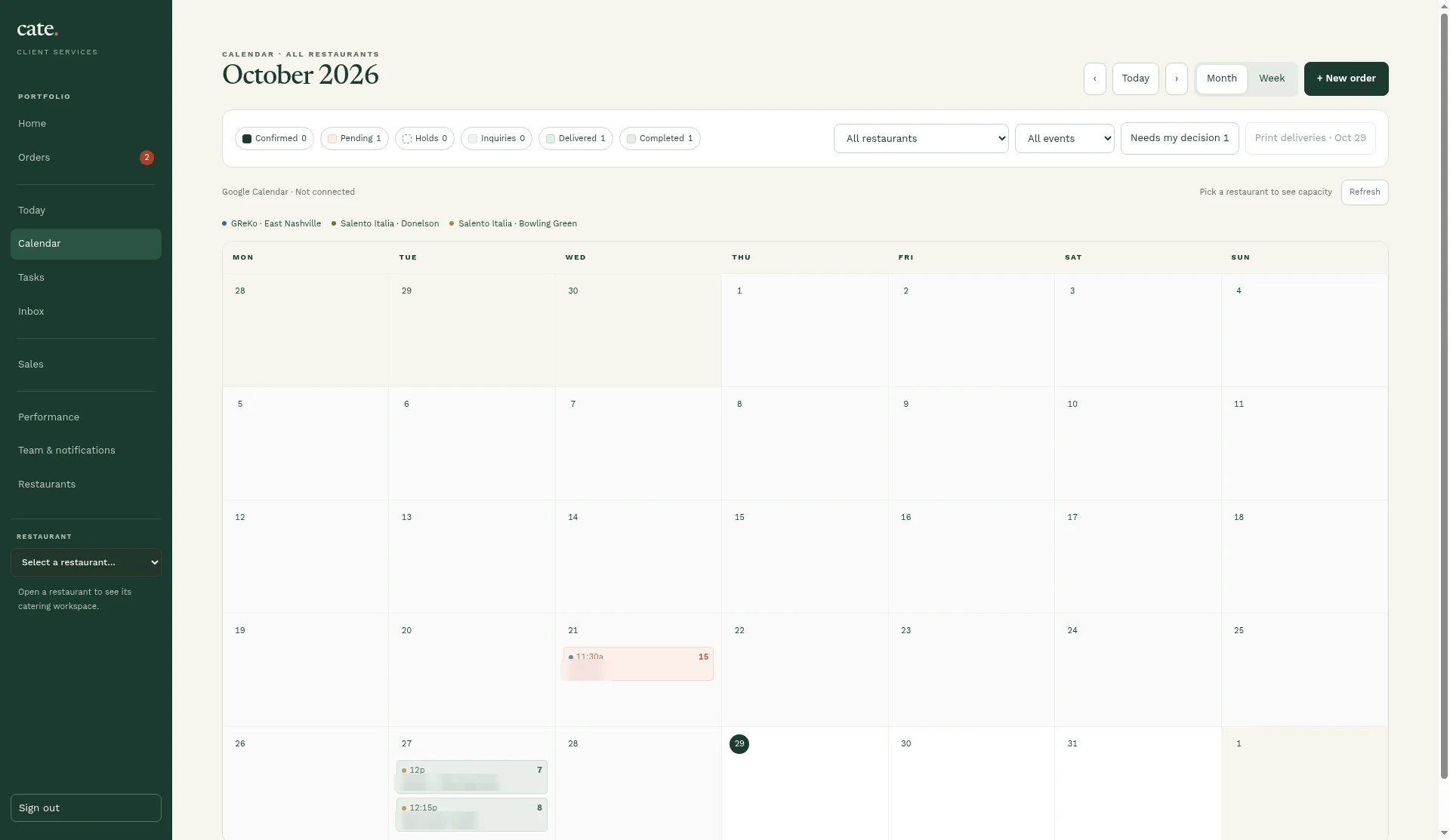 Cate calendar showing catering across restaurants for October 2026