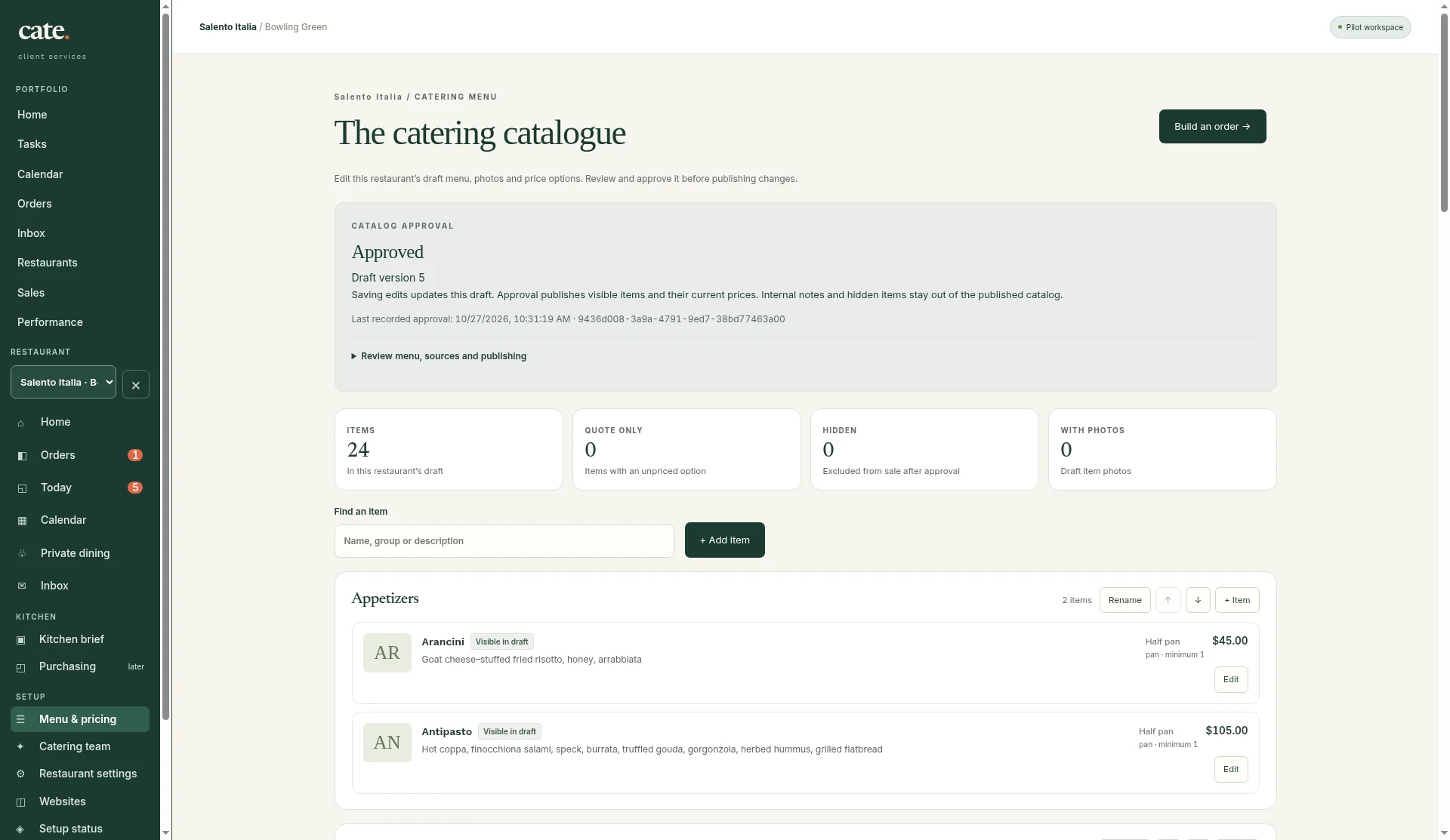 Salento Italia catering catalogue in Cate with items, pan sizes and prices